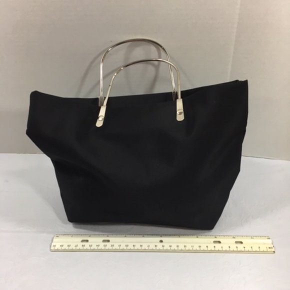 Black Nylon Mini Zip Tote Bag with Silver Toned Metal Handles 8"x9" - Picture 5 of 13